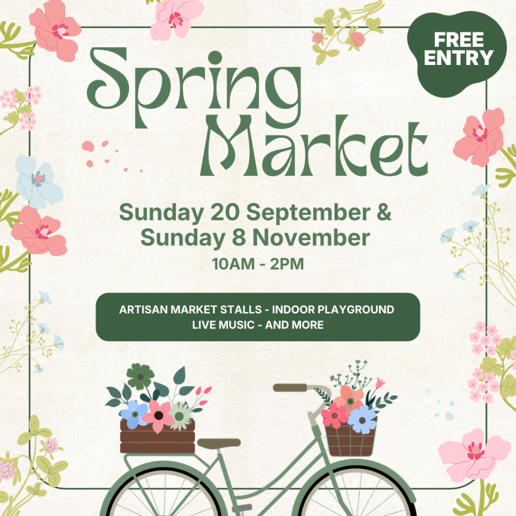 Spring Market event poster with floral bike illustration, event dates and times, “Free Entry” label, and highlights including artisan stalls, indoor playground, live music, and more.
