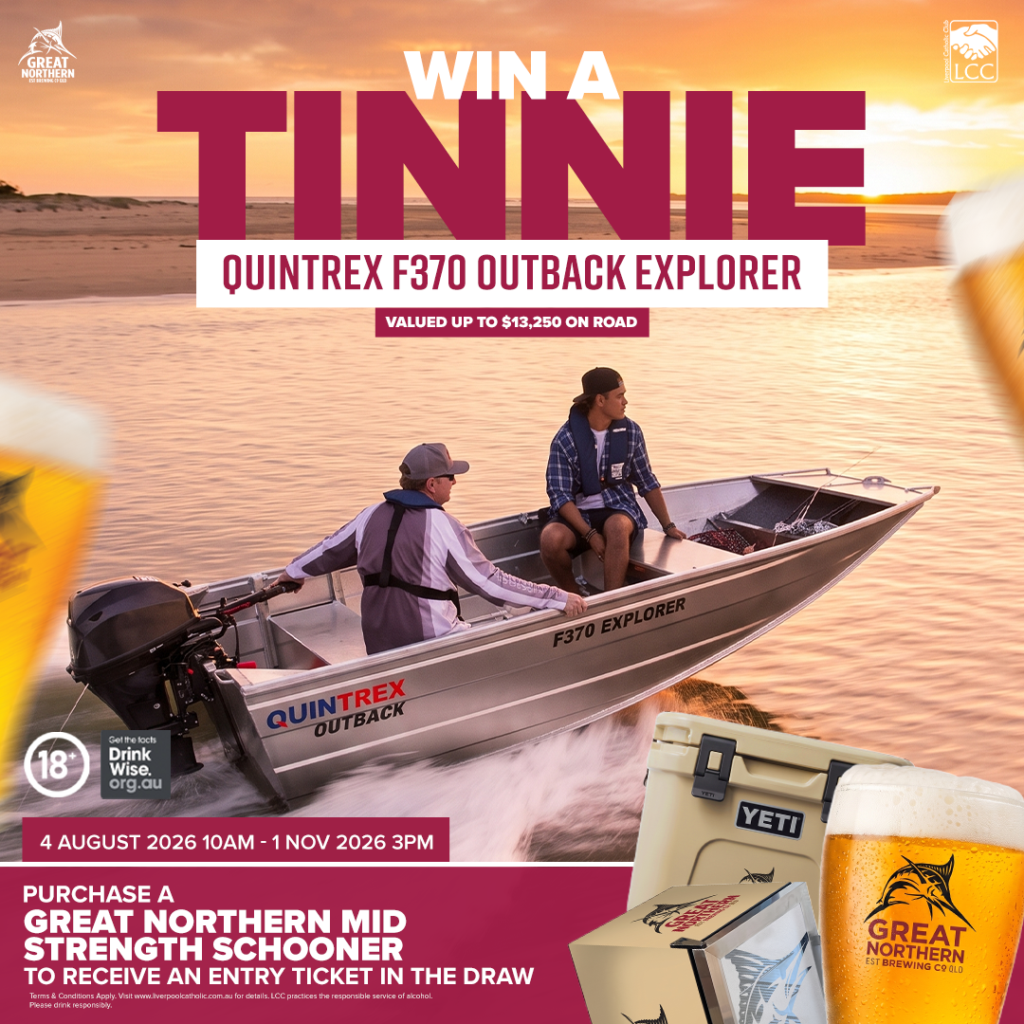 Two people sit in a Quintrex F370 Explorer boat on a river at sunset. Promotional text advertises a contest to win the boat with a drink purchase between 4 August and 1 November 2026.