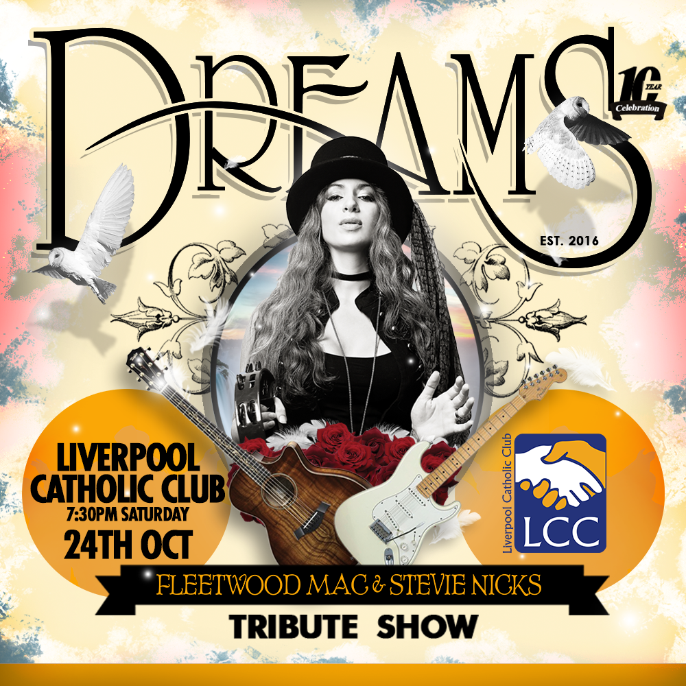 Promotional poster for a Fleetwood Mac & Stevie Nicks tribute show at Liverpool Catholic Club on Saturday, 24th October, featuring a woman with a guitar and doves.