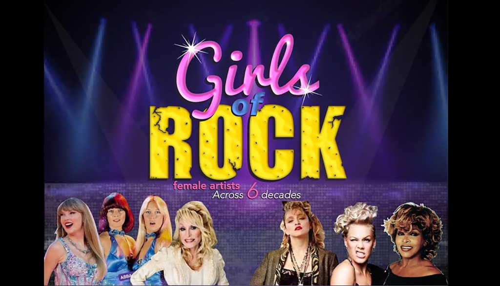 Collage of female rock artists with “Girls of ROCK” in large yellow text, stage lights in the background, and the words “female artists across 6 decades” below the title.