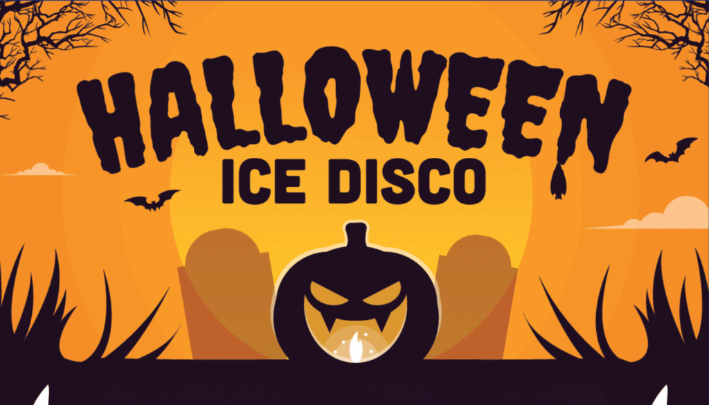 Poster with “Halloween Ice Disco” text, a carved pumpkin, bats, and silhouettes of plants against an orange sunset background.