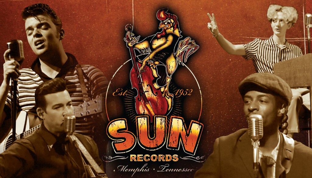 Four musicians perform around the Sun Records logo, featuring a rooster with a bass. The background is reddish-brown and includes the text “Memphis, Tennessee” and “Est. 1952.”.