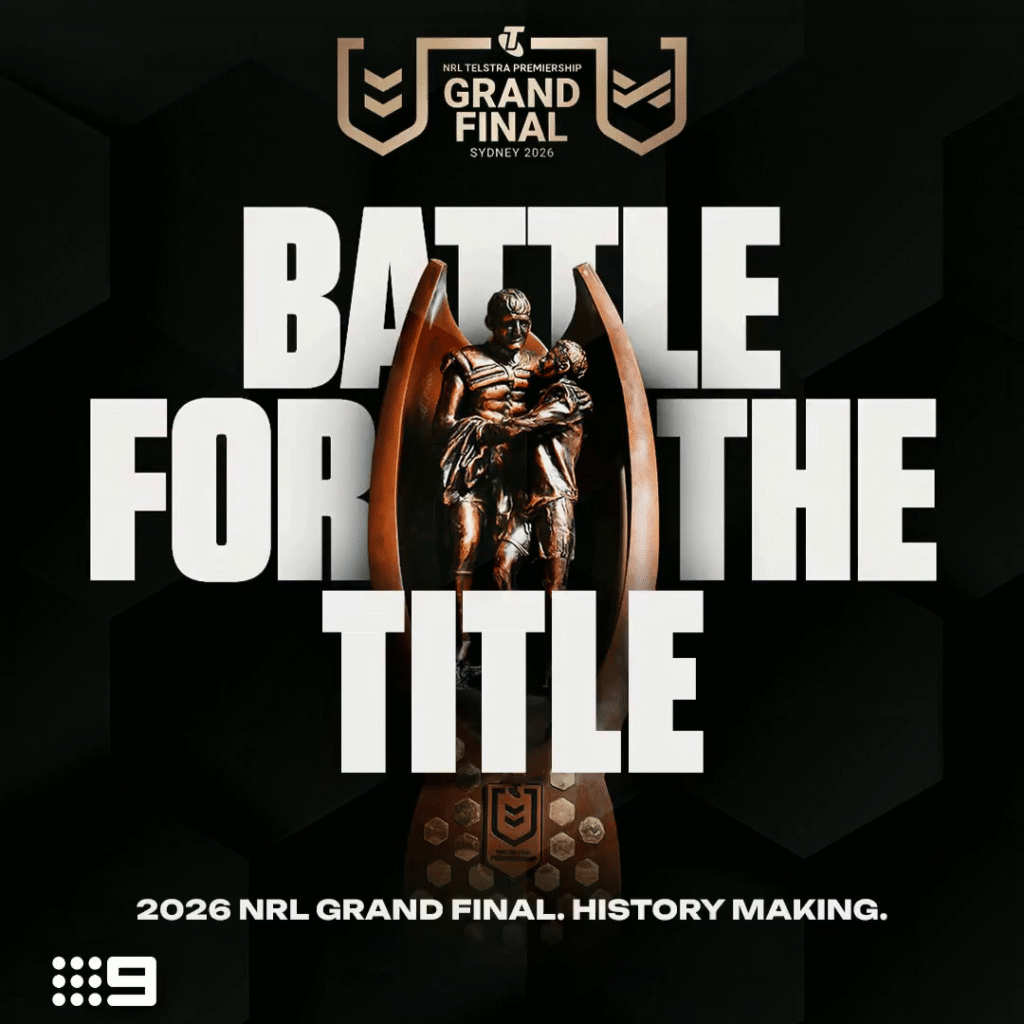 NRL Grand Final trophy with bold text “Battle for the Title.” Banner says “2026 NRL Grand Final. History Making.” Channel 9 logo in lower left corner.