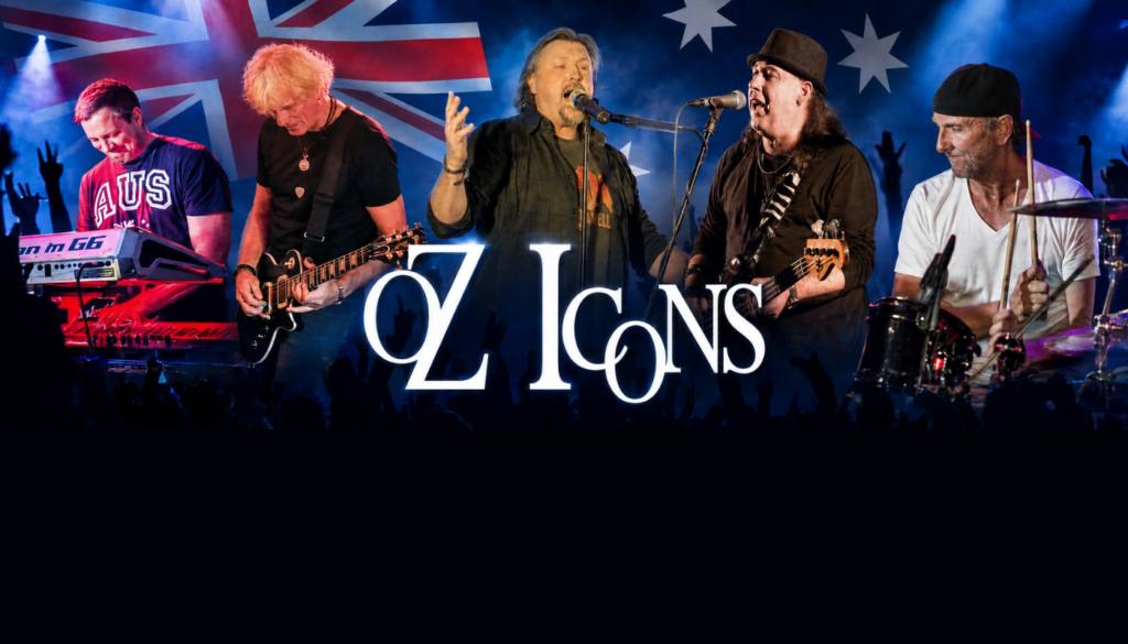 Five-piece rock band performing on stage in front of an Australian flag backdrop, with the text “OZ ICONS” overlaid in the center.